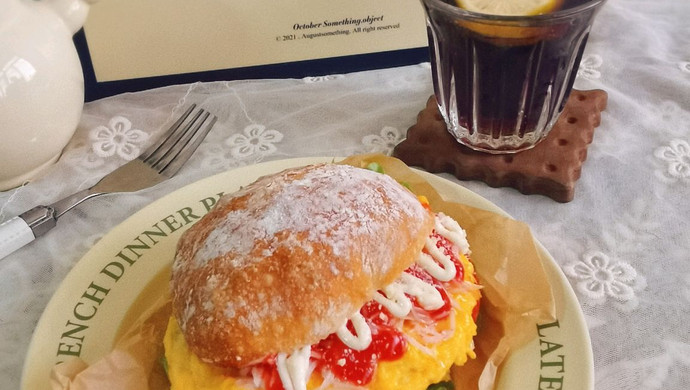 Crab fillet and scrambled egg ciabatta